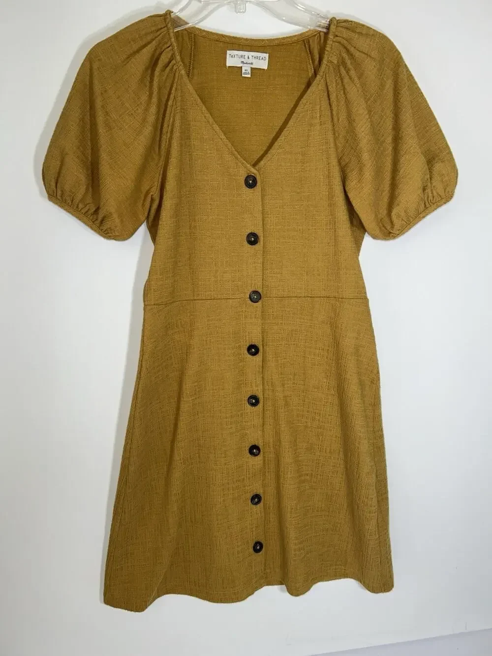 Madewell Texture & Thread Puff Sleeves Button Down Yellow Stretch Dress XS